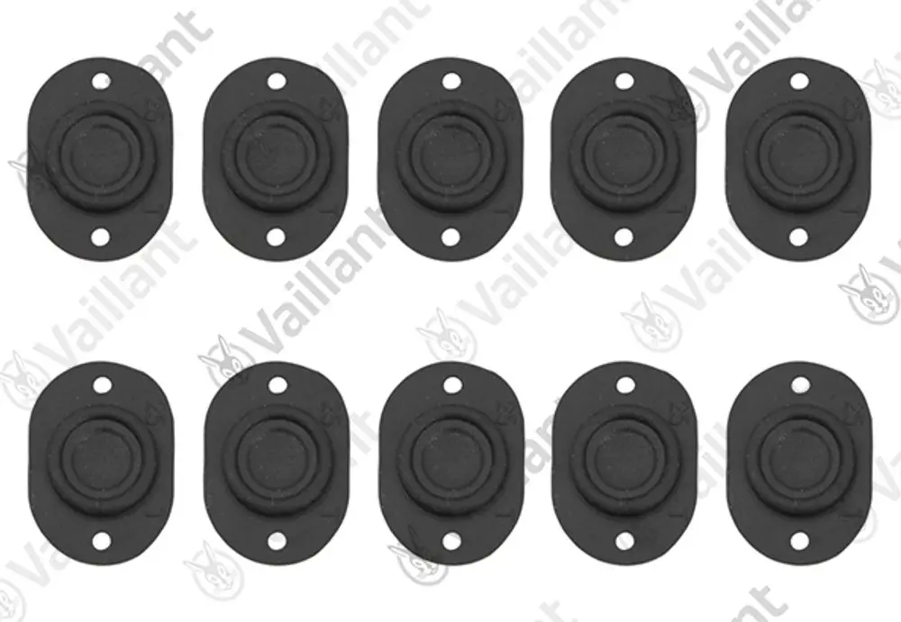 Zehn schwarze Membranen von Vaillant mit zentralem Erhebungsdämpfer in ovaler Form, ausgestattet mit zwei Befestigungslöchern.
